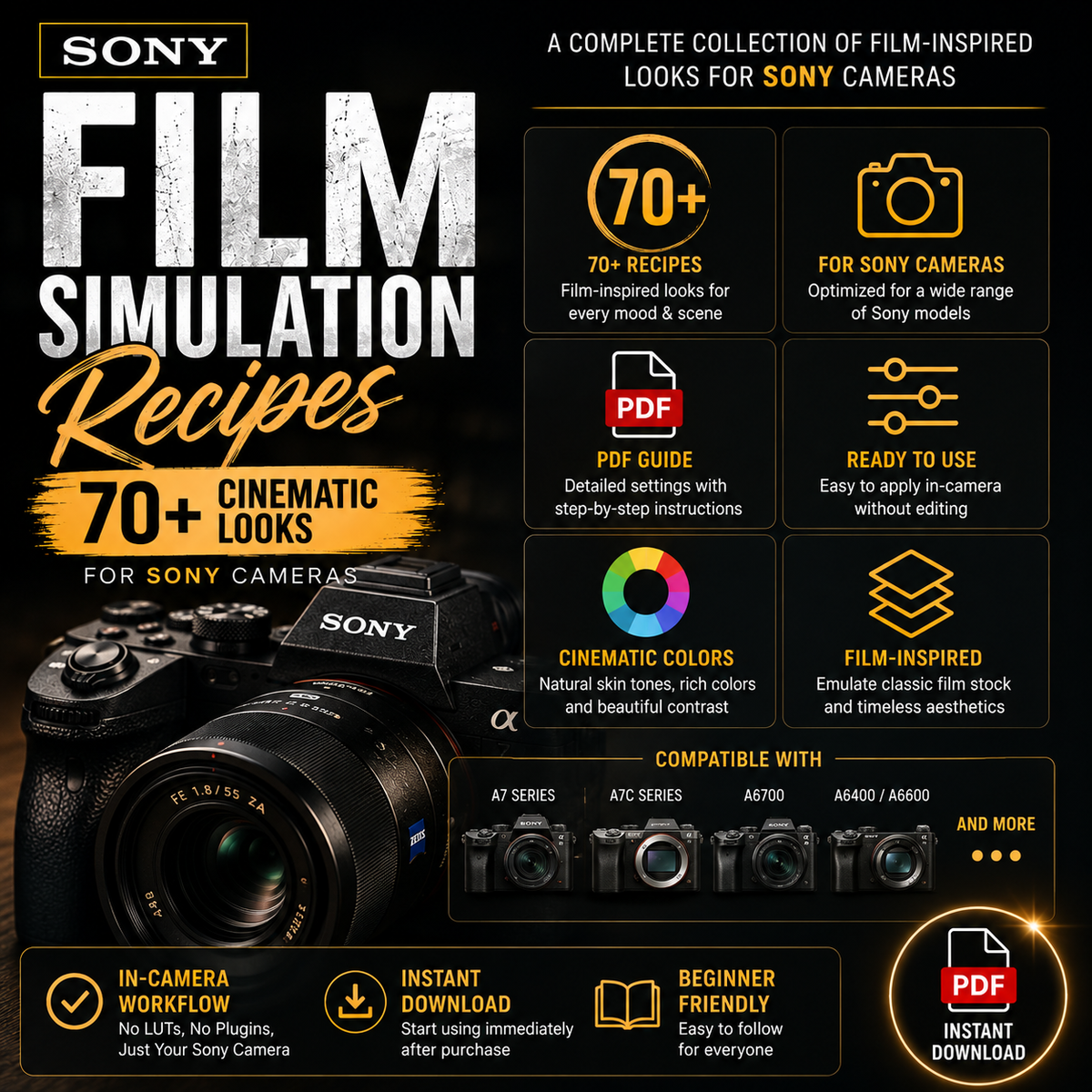 Promotional graphic for a Sony Film Simulation Recipes PDF download guide, featuring a black Sony camera, bold yellow and white text, and feature callout boxes on a dark background.