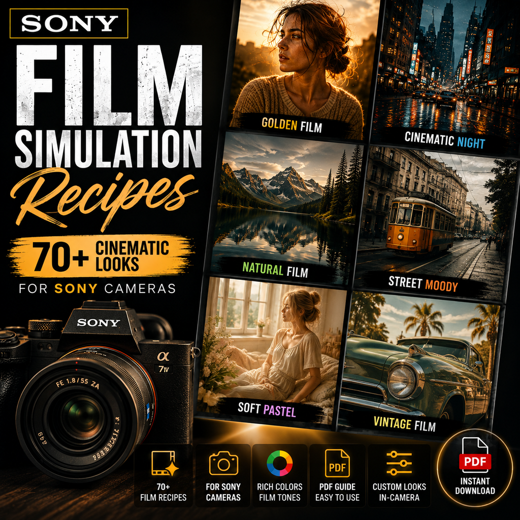 Promotional graphic for a Sony Film Simulation Recipes bundle, showing a Sony camera, multiple cinematic photo examples labeled Golden Film, Cinematic Night, Natural Film, Street Moody, Soft Pastel, and Vintage Film, and download icons for PDF recipes and guides.