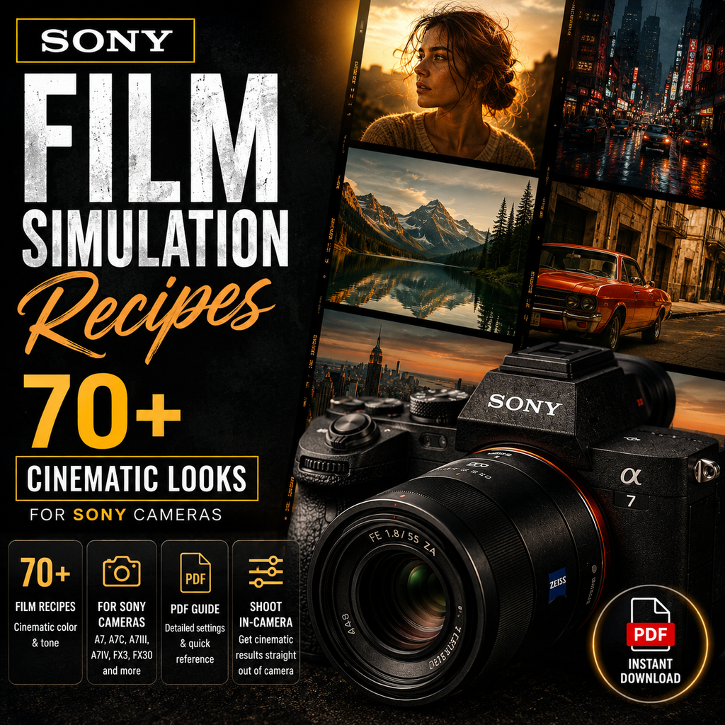 Promotional graphic for a Sony film simulation recipe PDF guide, featuring a Sony Alpha 7 camera, film reels, and scenic collage photos with text reading 'SONY FILM SIMULATION Recipes 70+ Cinematic Looks' and 'PDF Guide'.