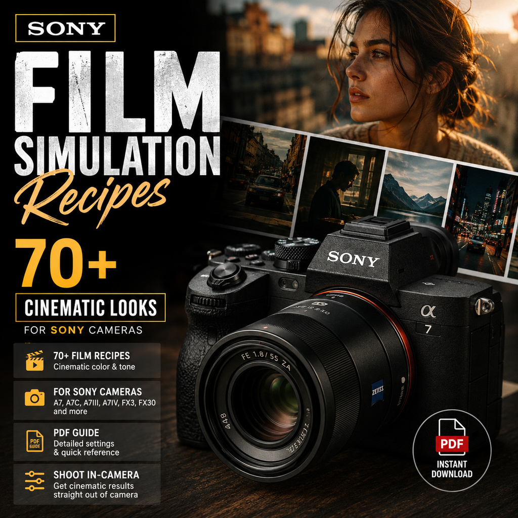 Promotional graphic for a Sony Film Simulation Recipes digital guide, featuring a Sony Alpha 7 mirrorless camera, a portrait of a woman, and text highlighting 70+ cinematic looks and PDF guide.