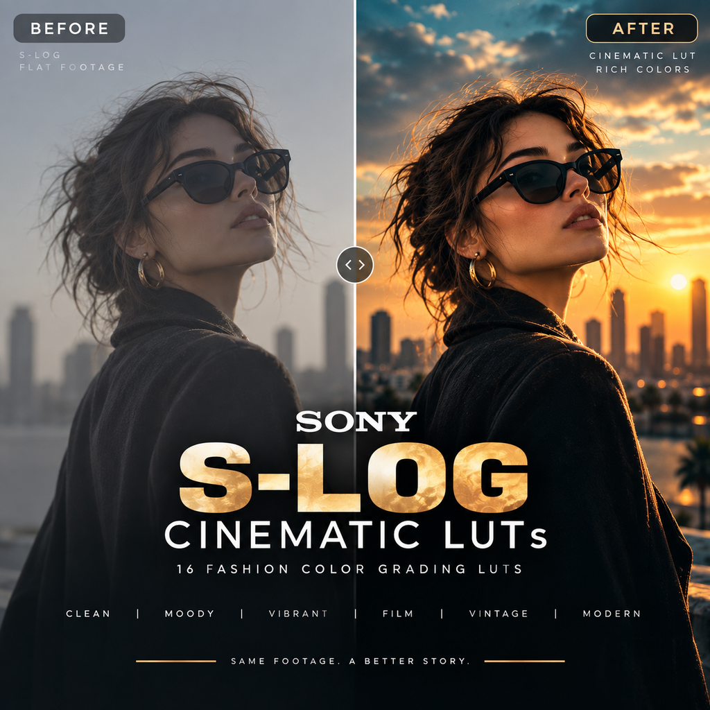 Promotional graphic for Sony S-Log Cinematic Luts showing a side-by-side before/after portrait of a woman with sunglasses, with city skyline in the background. Large text reads 'SONY S-LOG CINEMATIC LUTs' and smaller text says '16 FASHION COLOR GRADING LUTs'.