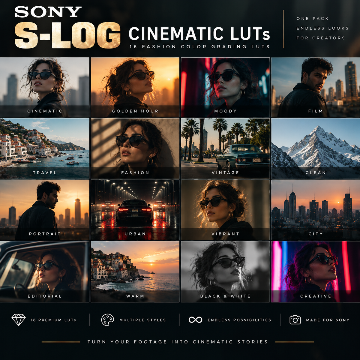 Promotional graphic for Sony S-Log Cinematic Luts, showing a 4x4 grid of warm-toned edited portrait and landscape thumbnails with labels such as Golden Hour, Moody, Travel, Fashion, Vintage, Clean, Portrait, Urban, Vibrant, City, Editorial, Warm, Black & White, and Creative. Large text at top reads 'SONY S-LOG CINEMATIC LUTS' and smaller text says 'One pack enables looks for creators.