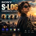 Promotional graphic for Sony S-Log Cinematic Luts, featuring a woman in sunglasses against a sunset city skyline, with text and software icons for Premiere Pro, After Effects, Gaining Resolve, Final Cut Pro, and CapCut.