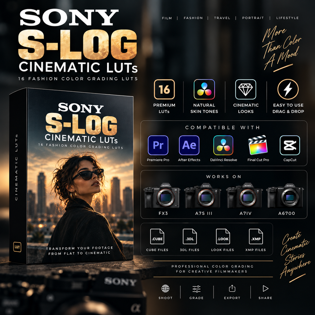 Promotional graphic for Sony S-Log Cinematic Luts, showing a software box cover, feature icons, compatibility logos for Premiere Pro, After Effects, Daifn Resolve, Final Cut Pro, and CapCut, camera icons, file format badges, and a dark cinematic background with a woman in sunglasses.