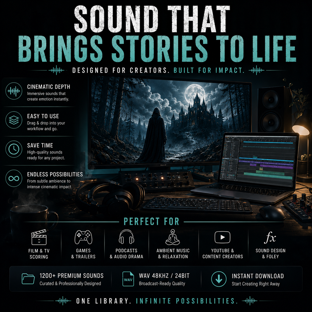 Promotional graphic for a digital sound library called 'Sound That Brings Stories to Life'. The design features a dark, moody scene with a character in a cloak under a full moon, displayed on a computer monitor next to a laptop with audio software, set against a dark studio background with a desk lamp.
