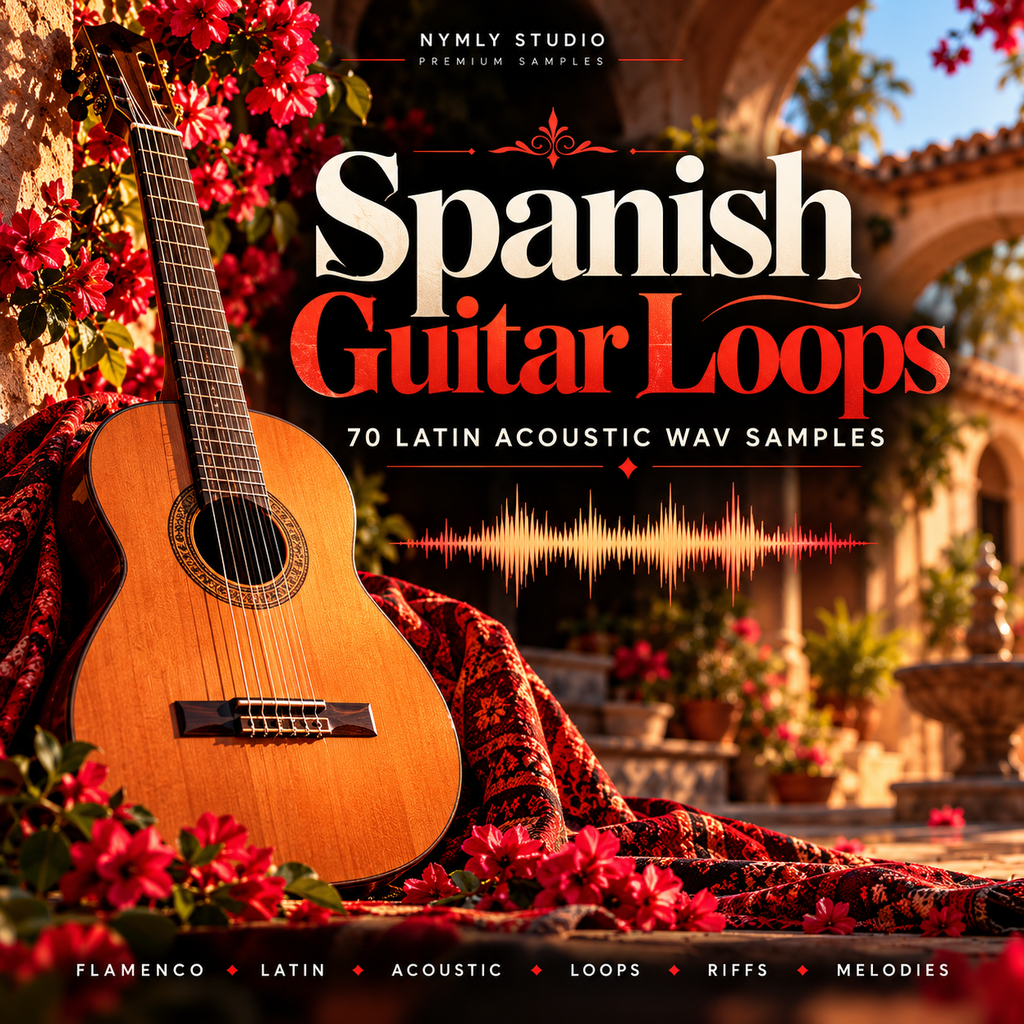 Digital cover art for 'Spanish Guitar Loops' by Nymly Studio, featuring a classical guitar draped with a red patterned blanket amidst red flowers in a sunlit courtyard setting.