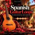 Digital cover art for 'Spanish Guitar Loops' by Nymly Studio, featuring a classical guitar draped with a red patterned blanket amidst red flowers in a sunlit courtyard setting.