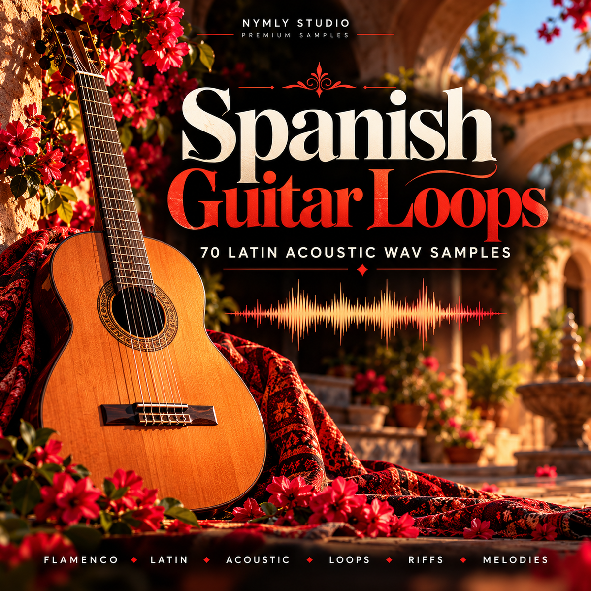 Digital cover art for 'Spanish Guitar Loops' by Nymly Studio, featuring a classical guitar draped with a red patterned blanket amidst red flowers in a sunlit courtyard setting.