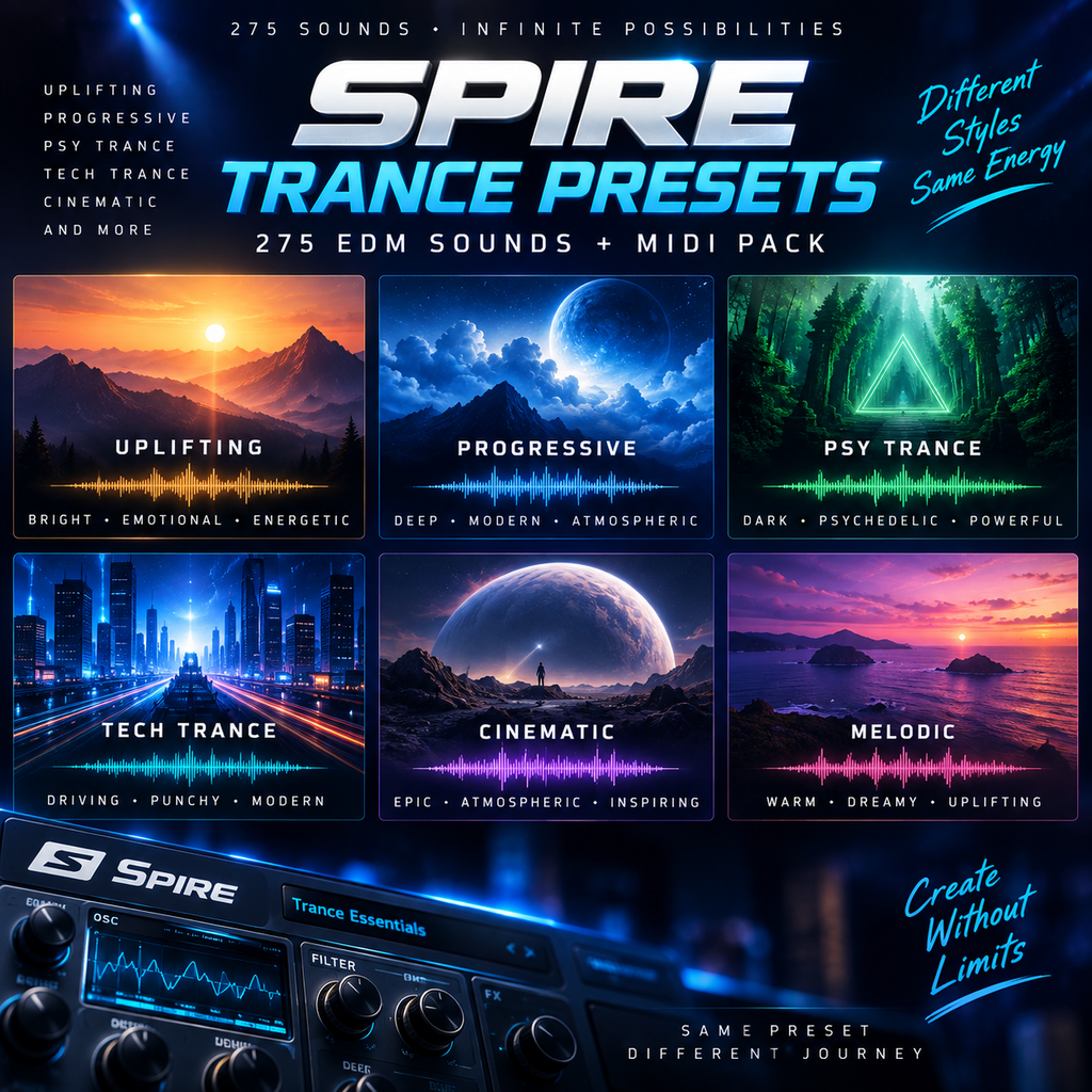 Promotional graphic for 'Spire Trance Presets' showing six illustrated trance genre panels: Uplifting, Progressive, Psy Trance, Tech Trance, Cinematic, and Melodic. Large text reads 'SPIRE TRANCE PRESETS' with '275 SOUNDS • INFINITE POSSIBILITIES' and 'Create Without Limits.
