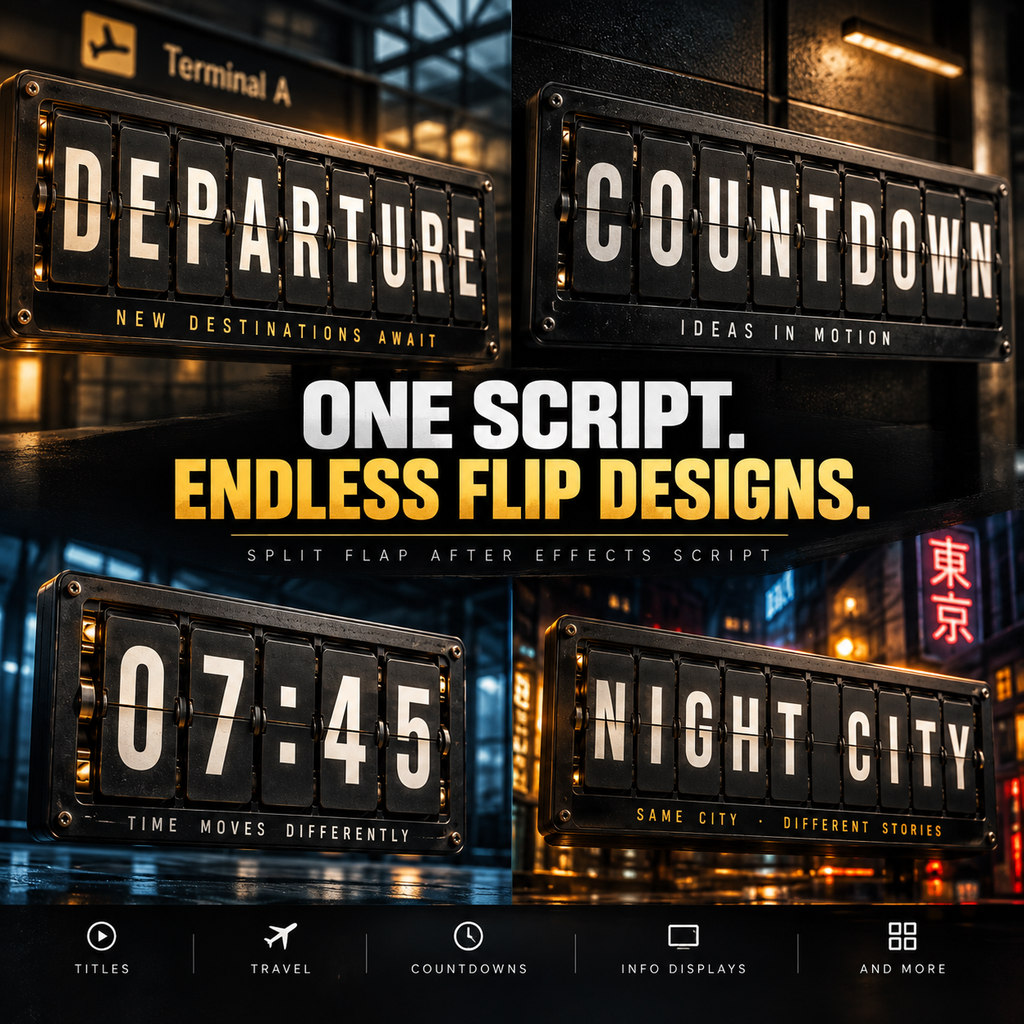 A promotional collage for a flip-display script showing four nighttime city and departure board examples: 'DEPARTURE,' 'COUNTDOWN,' '07:45,' and 'NIGHT CITY.' Large central text reads 'ONE SCRIPT.