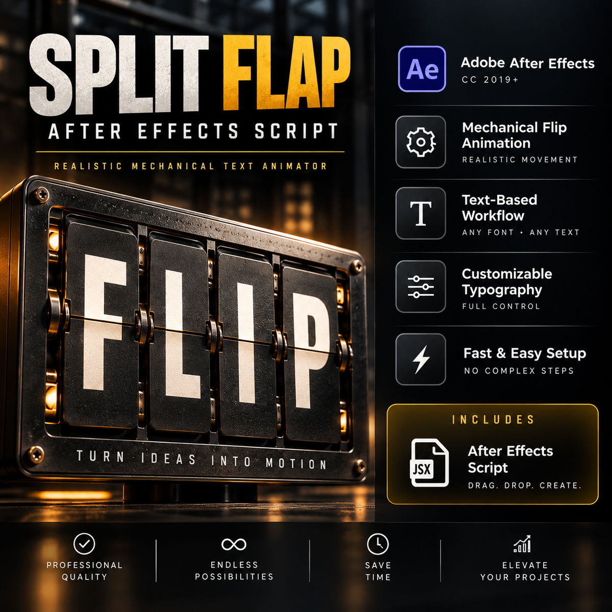 Promotional graphic for a digital After Effects script called 'Split Flap', featuring a mechanical flip-text sign displaying 'FLIP' on the left, with feature callouts on the right including Adobe After Effects CC 2019+, mechanical flip animation, realistic movement, text-based workflow, customizable typography, fast and easy setup, and inclusion of the After Effects Script.