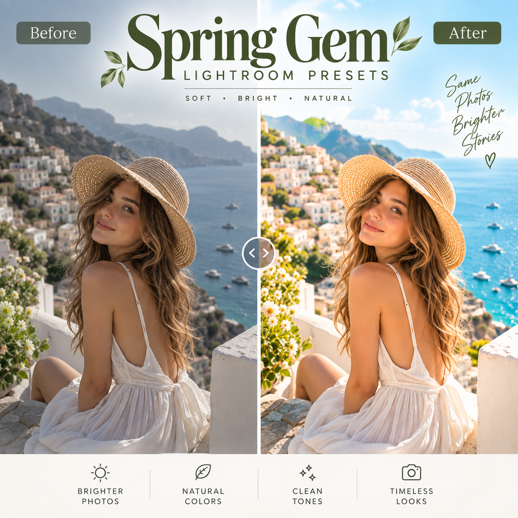 Promotional graphic for 'Spring Gem Lightroom Presets' showing a side-by-side 'Before' and 'After' comparison of a woman in a white dress and straw hat sitting by the sea. The 'After' photo has brighter, warmer tones.