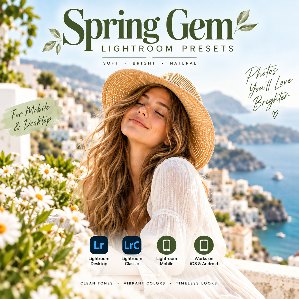 Promotional graphic for Spring Gem Lightroom presets, featuring a woman in a straw hat by the sea with text overlays and app compatibility icons for Lightroom Desktop, Classic, Mobile, and iOS & Android.
