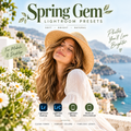 Promotional graphic for Spring Gem Lightroom presets, featuring a woman in a straw hat by the sea with text overlays and app compatibility icons for Lightroom Desktop, Classic, Mobile, and iOS & Android.