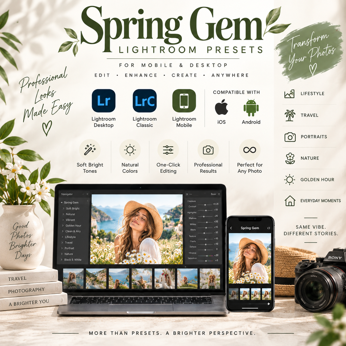 Promotional graphic for Spring Gem Lightroom Presets, showing the preset interface on a laptop and phone, with a camera, books, flowers, and text highlighting compatibility with Lightroom Desktop, Classic, and Mobile, plus iOS and Android.