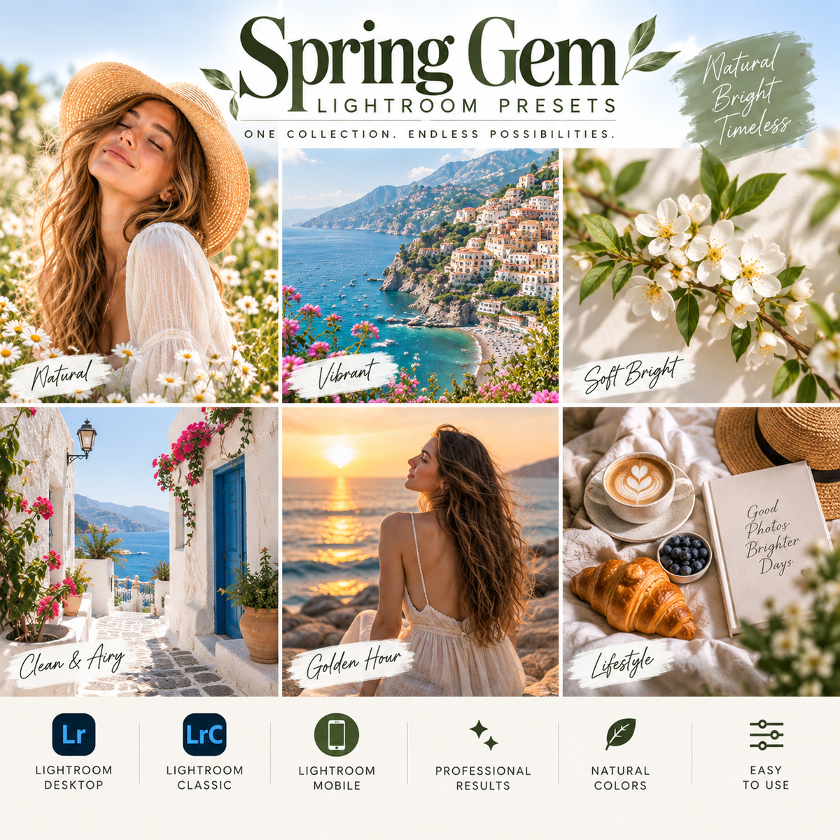 Promotional graphic for Spring Gem Lightroom presets, featuring six warm-toned lifestyle and scenic photos with text labels such as Natural, Vibrant, Soft Bright, Clean & airy, Golden Hour, and Lifestyle. The bottom row highlights Lightroom Desktop, Classic, Mobile, Professional Results, Natural Colors, and Easy to Use features.