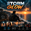Promotional graphic for 'Storm Glow' premium Lightroom presets, showing a dramatic coastal sunset scene with a seated person in the foreground, large stylized title text, smaller before/after style result thumbnails, and feature icons for desktop, mobile/tablet, and one-click editing.