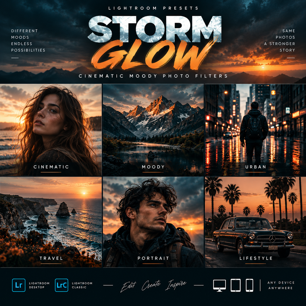 Promotional graphic for Lightroom presets titled 'STORM GLOW' with six example photo panels showing cinematic, moody, urban, travel, portrait, and lifestyle effects. Text at the top reads 'Lightroom Presets' and the bottom includes Lightroom branding and device icons.