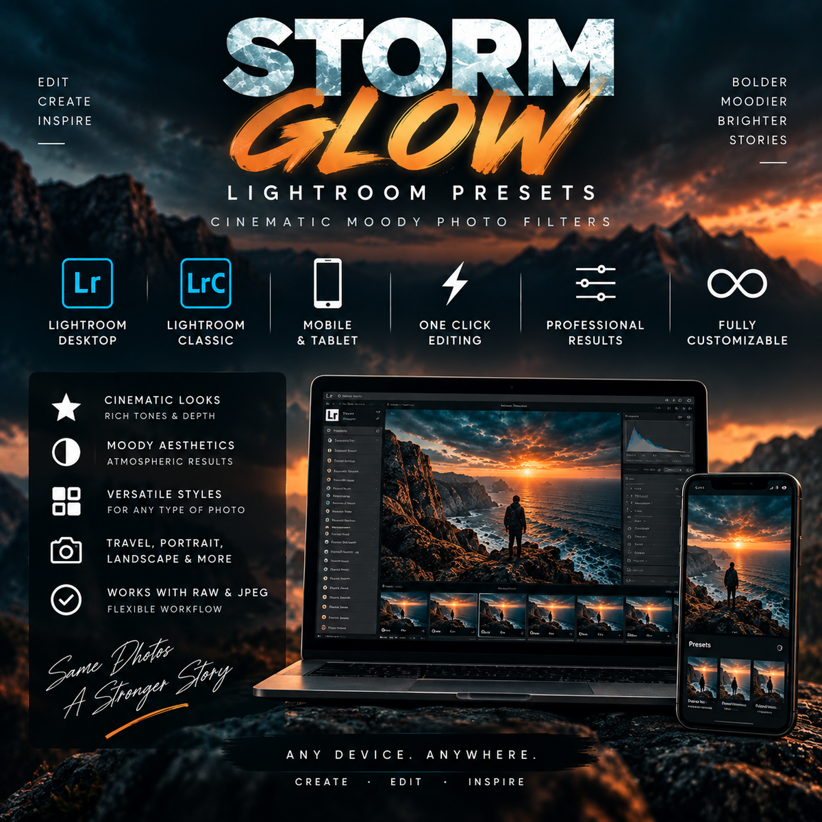 Promotional graphic for 'Storm Glow' Lightroom presets, showing a dramatic sunset landscape on a laptop and phone screen, with feature icons and text for desktop, classic, mobile, and tablet editing.