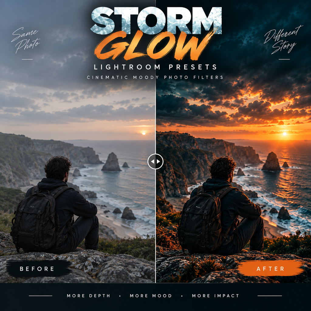 Promotional graphic for 'Storm Glow' Lightroom presets, showing a split-screen comparison of a landscape photo. The left side is labeled 'Before' with natural daylighting, and the right side is labeled 'After' with dramatic, moody golden-hour editing.