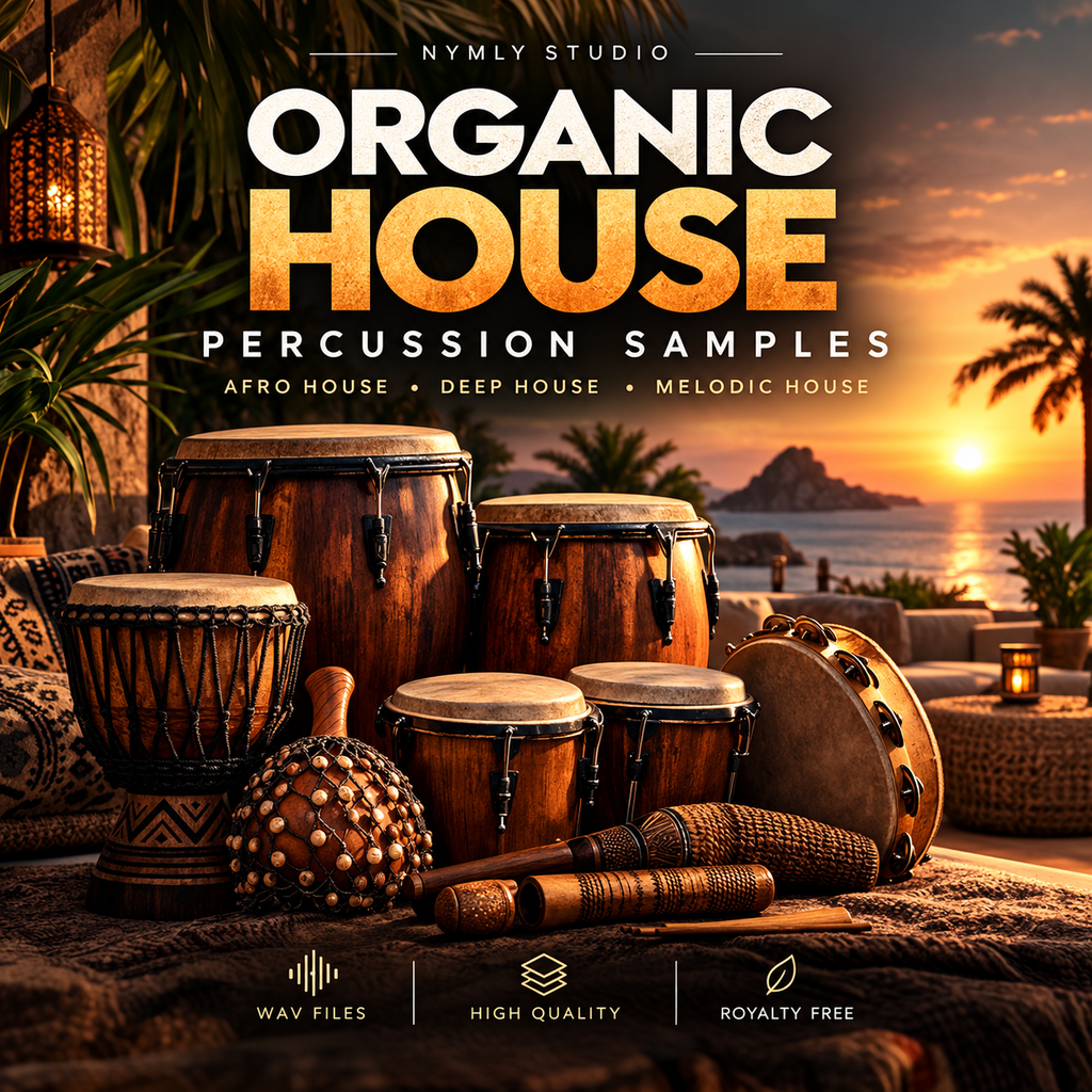 Promotional cover art for 'Organic House Percussion Samples' by Nymly Studio, featuring a tropical beach sunset scene with wooden percussion instruments including drums, a tambourine, and mallets in the foreground.