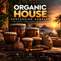 Promotional cover art for 'Organic House Percussion Samples' by Nymly Studio, featuring a tropical beach sunset scene with wooden percussion instruments including drums, a tambourine, and mallets in the foreground.