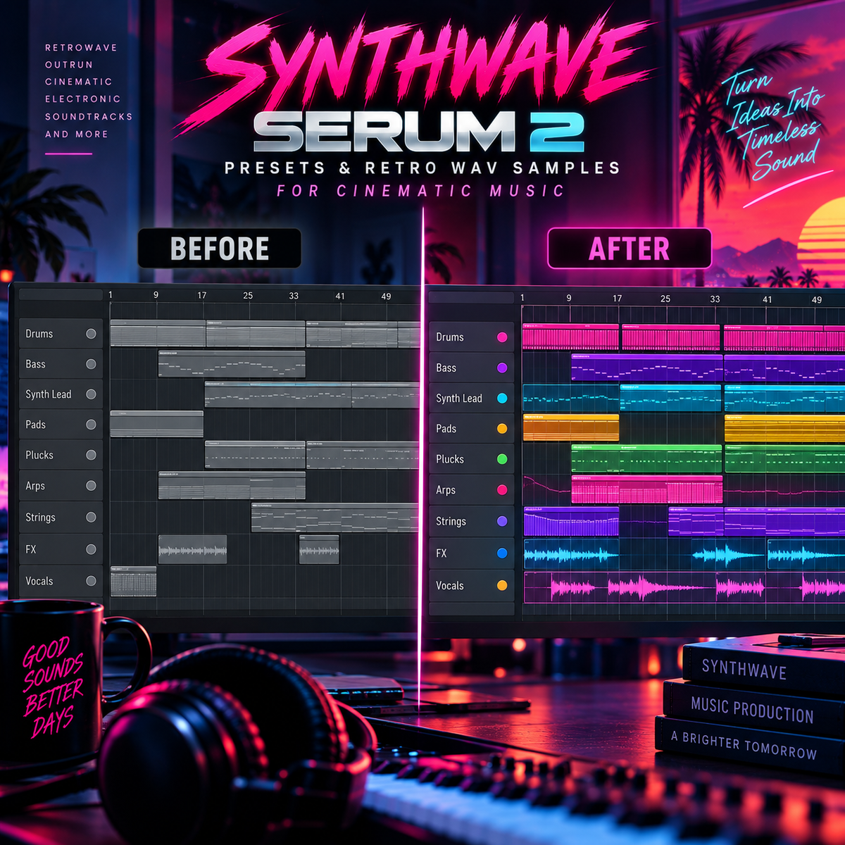 Promotional graphic for Synthwave Serum 2 presets and retro wave samples for cinematic music, showing a before-and-after comparison of audio track arrangement in a digital audio workstation. The design features a dark aesthetic with neon pink, purple, and blue lighting, a desk with headphones, and a stack of books.