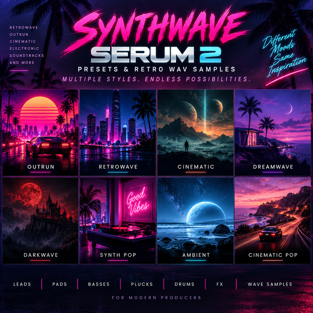 Promotional graphic for Synthwave Serum 2 presets and samples, featuring a dark neon palette and eight sample tracks labeled Outrun, Retrowave, Cinematic, Dreamwave, Darkwave, Synth Pop, Ambient, and Cinematic Pop.