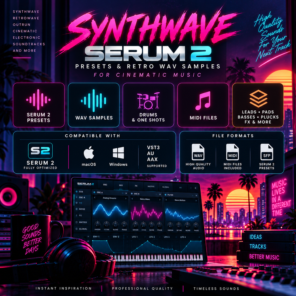 Promotional graphic for Synthwave Serum 2 presets and retro wav samples, featuring a neon cityscape at sunset, a piano keyboard, waveform meters, and app icons for macOS and Windows. Text highlights Serum 2 presets, wav samples, drums and one shots, midi files, leads and pads, and file formats including WAV, MIDI, and SFF.
