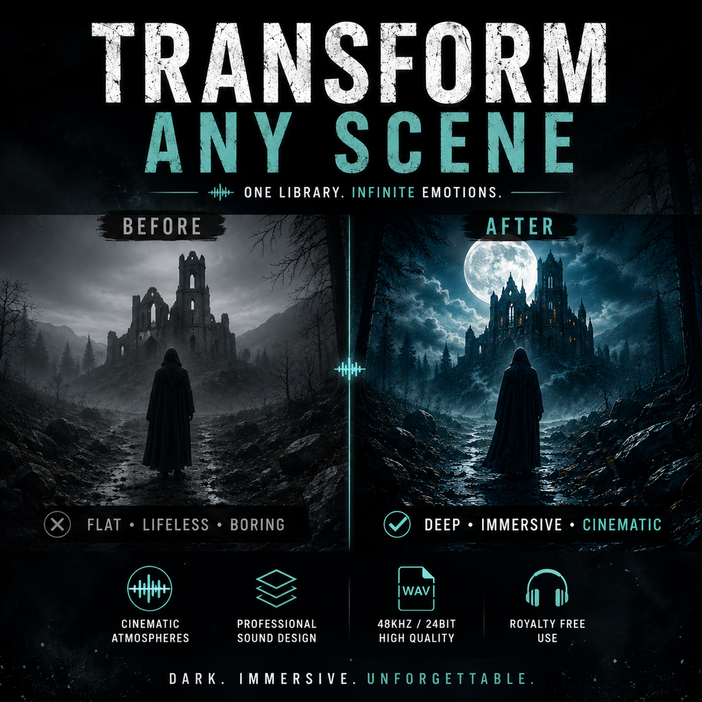 Promotional graphic for a sound design preset pack titled 'TRANSFORM ANY SCENE'. The image shows a side-by-side comparison of a dark gothic scene labeled 'BEFORE' and 'AFTER', with the 'AFTER' version appearing much deeper and more cinematic under a full moon.