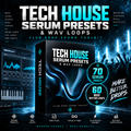 Promotional graphic for Tech House Serum Presets & Wave Loops, showing a large software preset box with glowing blue wave graphics, surrounded by DJ software screenshots, crowd hands, and text highlighting 70 serum presets, 60 wave rhythm loops, and modern sound results.