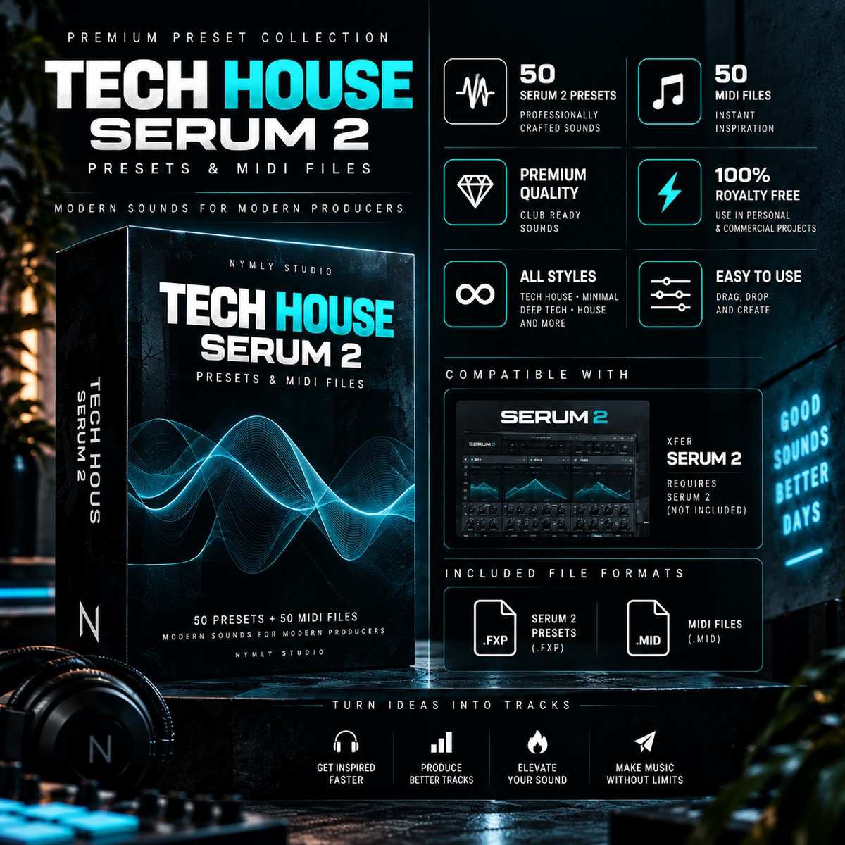 Promotional graphic for Tech House Serum 2 presets and MIDI files, showing a software box cover, feature icons, compatibility with Serum 2, file formats, and a dark stylized background with headphones and lighting effects.