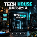 Promotional graphic for Tech House Serum 2 presets and MIDI files, showing a large black software box with cyan and white text, surrounded by headphones, speakers, and a dark futuristic studio scene. Text highlights 50 presets and 50 MIDI files, with Nymly Studio branding.
