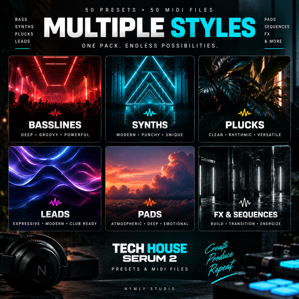 Promotional graphic for a music production preset and MIDI file pack titled 'Multiple Styles' by Nymly Studio. The design shows six dark-themed style panels labeled Basslines, Synths, Plucks, Leads, Pads, and FX & Sequences, with text advertising 50 presets, 50 MIDI files, and 'Tech House Serum 2' compatible with Ableton Live.