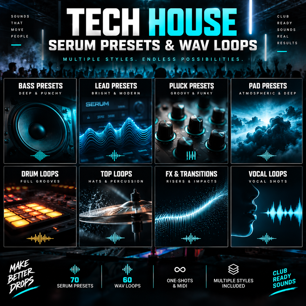 Tech House preset collection showing varied bass, lead, pluck, pad, drum, FX, and vocal sound styles.