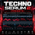 Promotional graphic for 'Techno Serum 2 Presets' showing a dark digital interface with red waveform graphics, large white and red title text, and a red-lit futuristic city background. Text reads '100 SYNTH SOUNDS FOR ELECTRONIC MUSIC' and includes feature icons along the bottom.