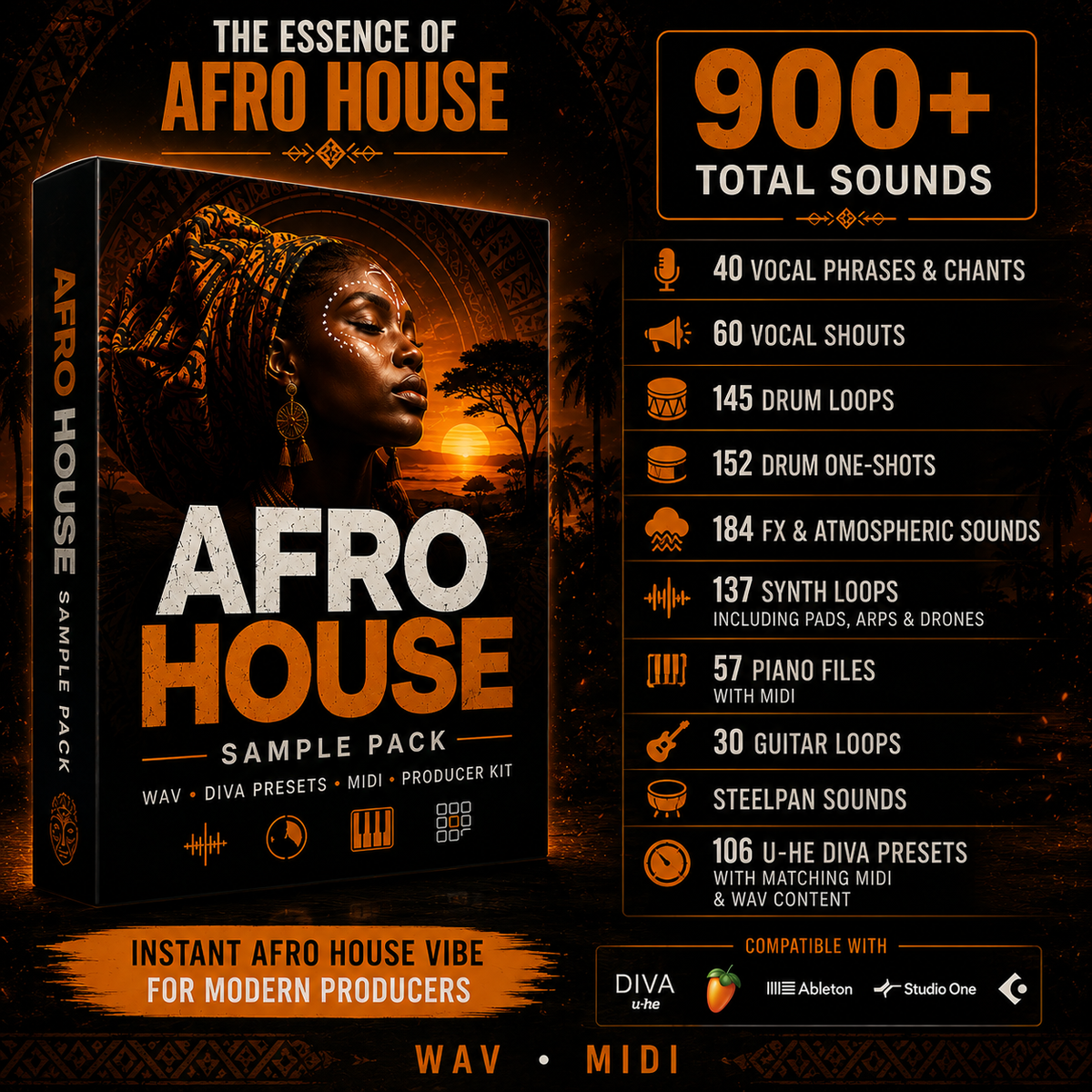 Promotional graphic for the 'Afro House Sample Pack' showing a 3D software box mockup on the left and a detailed feature list on the right. The design uses a dark, warm color palette of black, deep orange, and brown, with typography highlighting '900+ Total Sounds' and various audio file types.