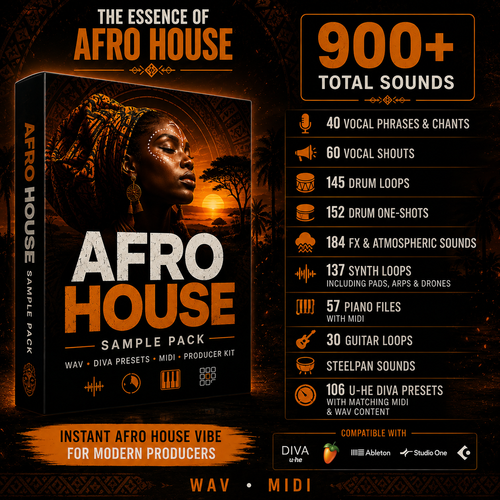 Promotional graphic for the 'Afro House Sample Pack' showing a 3D software box mockup on the left and a detailed feature list on the right. The design uses a dark, warm color palette of black, deep orange, and brown, with typography highlighting '900+ Total Sounds' and various audio file types.