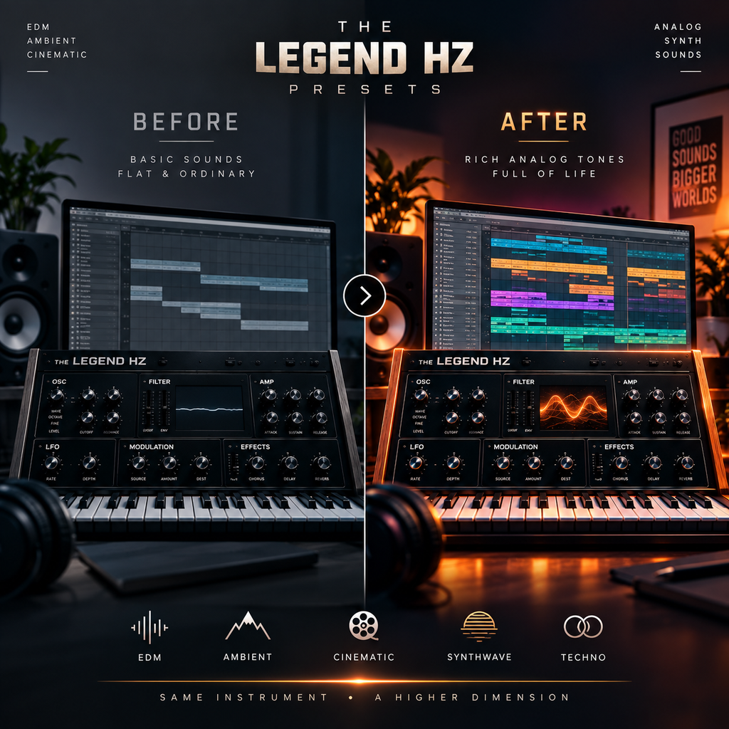 Promotional graphic for 'The Legend HZ' audio presets, showing a virtual analog synth instrument labeled 'THE LEGEND HZ PRESETS' on a desk with a keyboard and headphones. The left side is dark and labeled 'BEFORE' with basic flat sounds, while the right side is warmly lit and labeled 'AFTER' with rich analog tones.