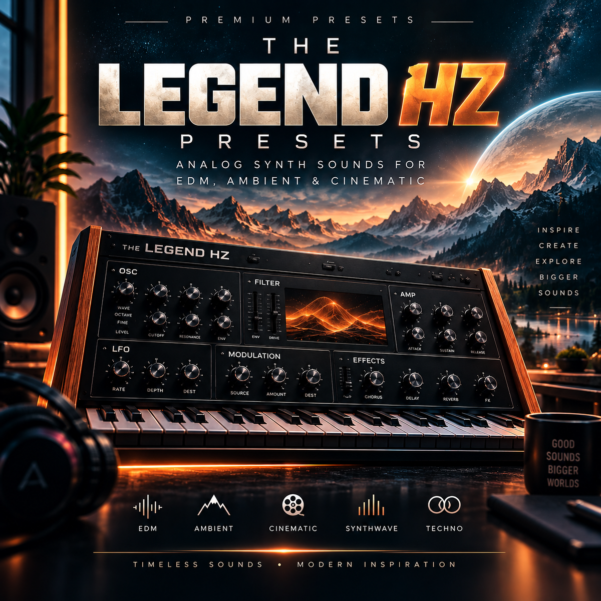 Promotional graphic for 'The Legend H2 Presets' showing a stylized synthesizer interface in the foreground with a dramatic sci-fi mountain landscape and planet in the background. Large metallic title text appears at the top, with feature callouts along the bottom.