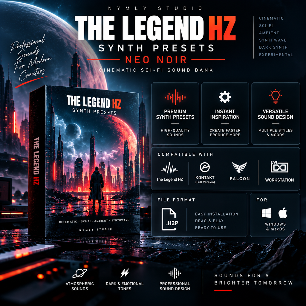 Promotional graphic for 'The Legend HZ' Synth Presets by Nymly Studio, showcasing a sci-fi sound bank cover with a futuristic city under a red sky, alongside feature icons and compatibility badges for Windows and macOS.