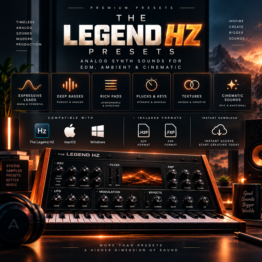 Promotional graphic for The Legend HZ Presets, showing a stylized synthesizer interface and keyboard with text highlighting analog synth sounds for EDM, ambient, and cinematic production. Compatibility logos for The Legend HZ, macOS, and Windows are visible, along with file formats HDP and PPP.