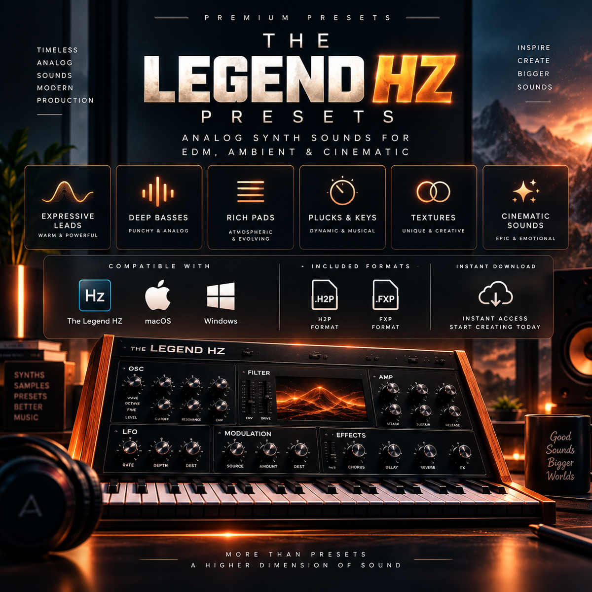 Promotional graphic for The Legend HZ Presets, showing a stylized synthesizer interface and keyboard with text highlighting analog synth sounds for EDM, ambient, and cinematic production. Compatibility logos for The Legend HZ, macOS, and Windows are visible, along with file formats HDP and PPP.