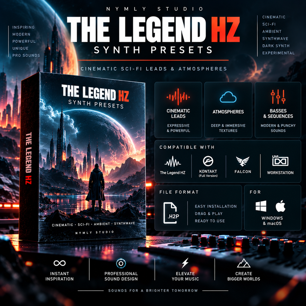 Promotional graphic for 'The Legend HZ Synth Presets' by Nymly Studio, showing a 3D software box cover, a dark futuristic sci-fi city scene, and feature tiles for cinematic leads, atmospheres, basses & sequences, compatibility, and file formats.