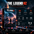 Promotional graphic for 'The Legend HZ Synth Presets' by Nymly Studio, showing a 3D software box cover, a dark futuristic sci-fi city scene, and feature tiles for cinematic leads, atmospheres, basses & sequences, compatibility, and file formats.
