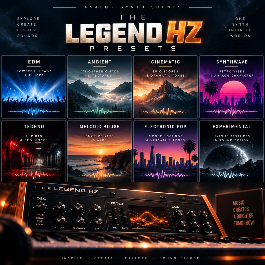 Promotional graphic for 'The Legend HZ Presets' featuring six illustrated genre panels (EDM, Ambient, Cinematic, Synthwave, Techno, Melodic House, Electronic Pop, Experimental) above a rendered analog synth keyboard with glowing waveform displays.