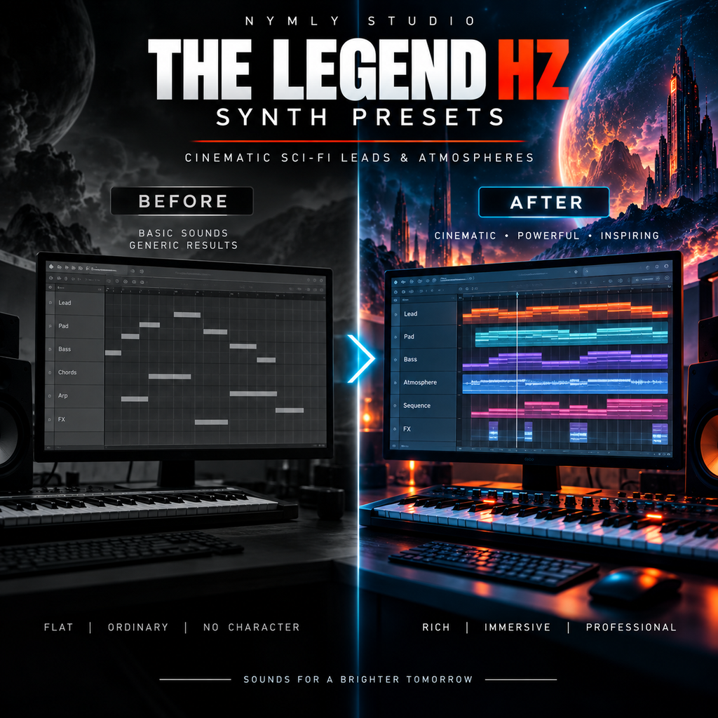 Promotional graphic for 'The Legend HZ Synth Presets' by Nymly Studio, showing a split-screen comparison of audio software waveforms labeled 'Before' and 'After' in a cinematic sci-fi theme with a glowing planet and futuristic city.