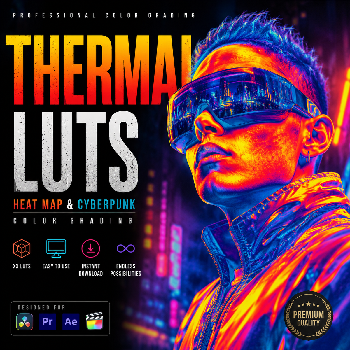 Promotional graphic for a digital product titled 'Thermal Luts' with a stylized portrait of a person wearing futuristic visor glasses, rendered in vivid neon orange, yellow, blue, and purple heat-map effects. Large text reads 'THERMAL LUTS' with supporting copy about heat map and cyberpunk color grading, plus software compatibility icons for Colorlight, Premiere Pro, After Effects, and Illustrator, and a 'Premium Quality' badge.