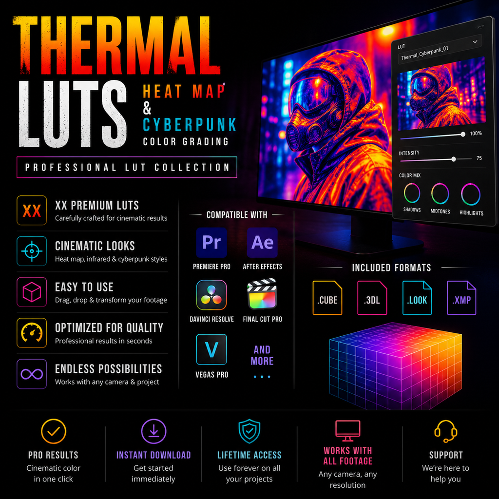 Promotional graphic for a digital LUTs collection called Thermal Luts, showing a colorful heat map and cyberpunk grading interface on a monitor, with feature icons and compatibility badges for Premiere Pro, After Effects, Davinci Resolve, Final Cut Pro, Vegas Pro, Cubic, 30L, Look, and XMP.