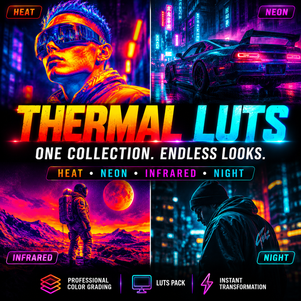 Promotional graphic for a digital LUTs pack titled 'THERMAL LUTS' with four neon-style artwork panels: a futuristic face in heat, a sports car in neon, an astronaut in infrared, and a person in night mode. Text reads 'ONE COLLECTION.